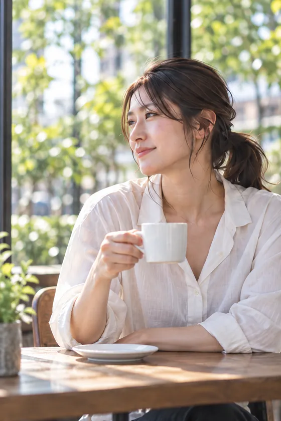 カフェの窓辺でカップを持ち、外を見る女性