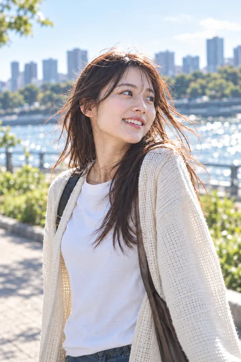 川沿いを歩きながら右を振り向いて笑う女性